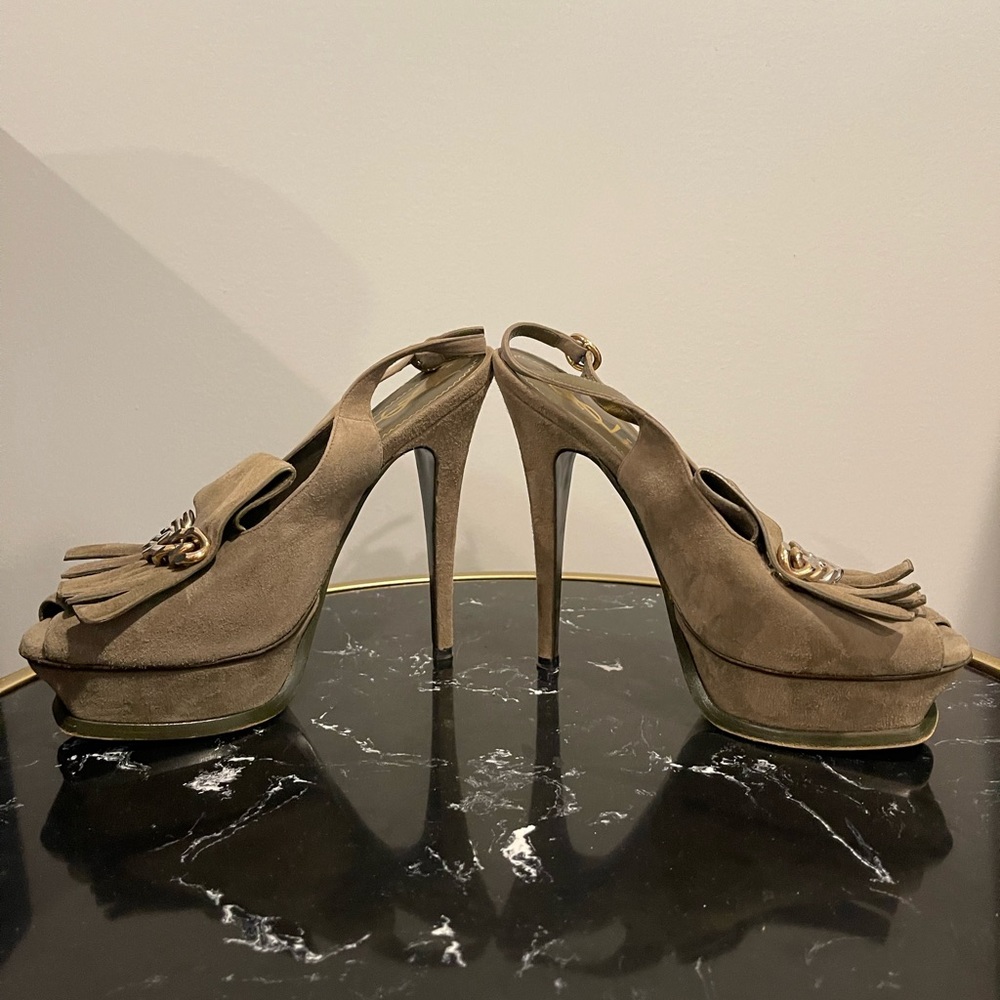 Yves Saint Laurent Tribute 105 Fringe Slingback Sandals Olive Suede